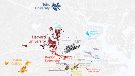 Map with surrounding universities near Tufts