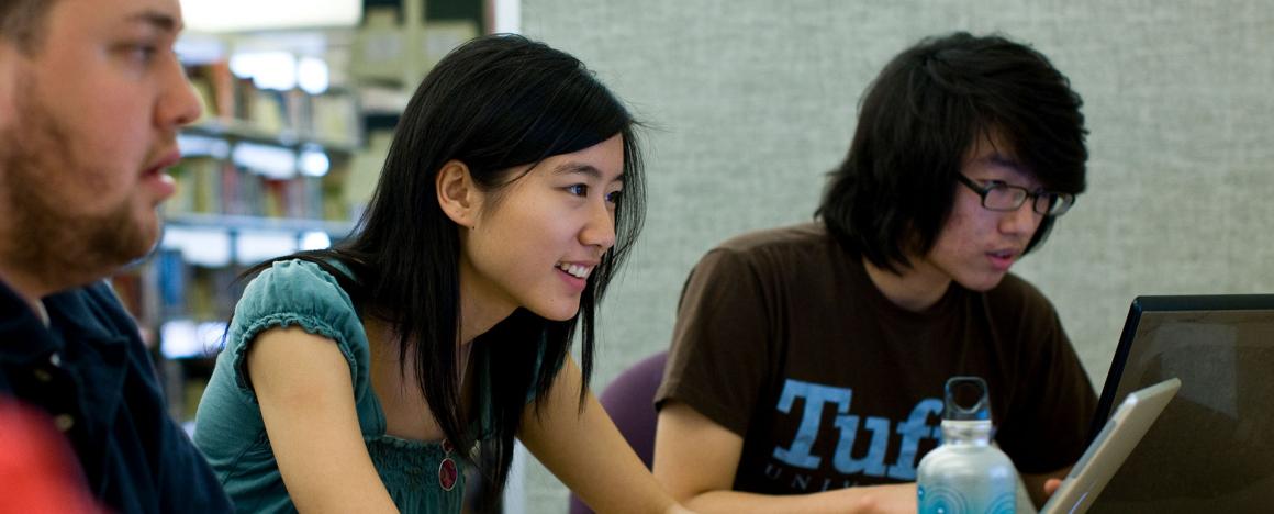 Undergraduates looking at a computer