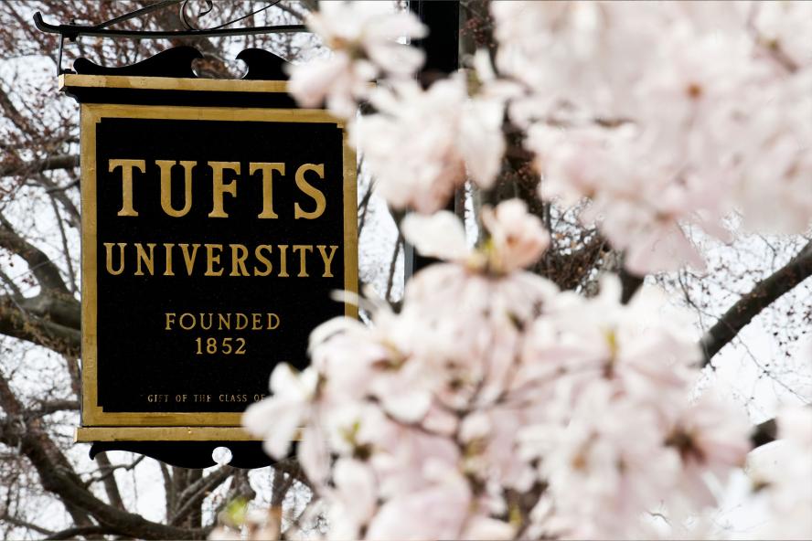 Tufts sign with white flowers in the forefront