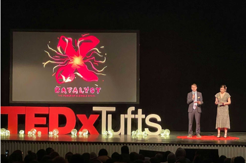 Sam Goldstone and Emma Dawson-Webb, two of the organizers of TEDxTufts, speak at the conference