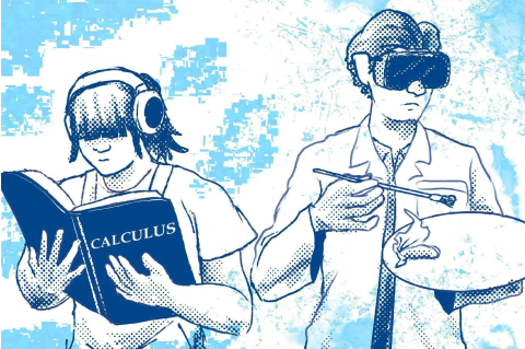Two students, one wearing headphones reading a calculus book, and the other wearing a lab goggles holding a paintbrush